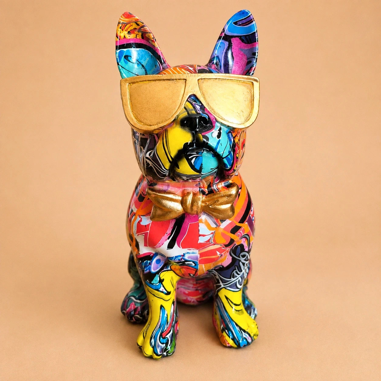 🐶 Bouledogue français Pop Art graffiti – lunettes dorées – 25 cm